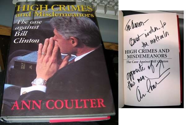 Aaron's Ann Coulter autograph of High Crimes and Misdemeanors