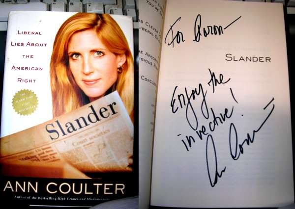 Aaron's Ann Coulter autograph of Slander