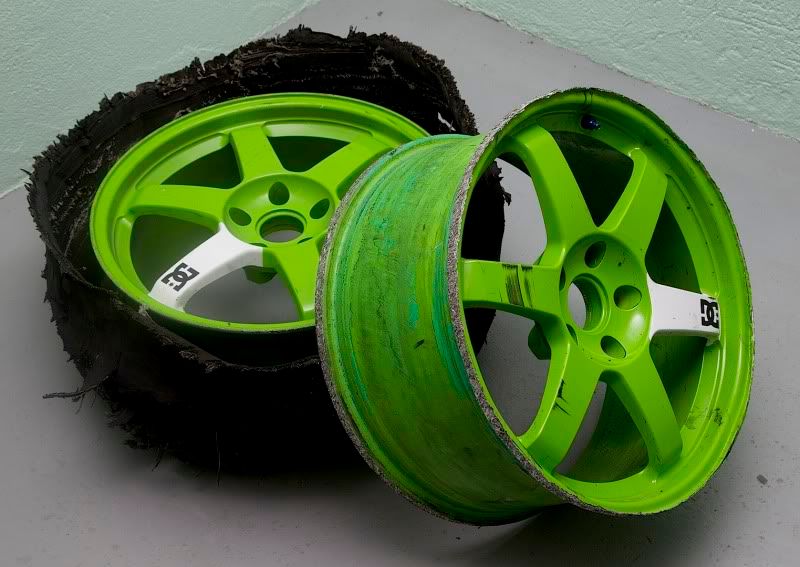  TE37 rims painted Monster Energy green with distinct DC Shoes logo on 